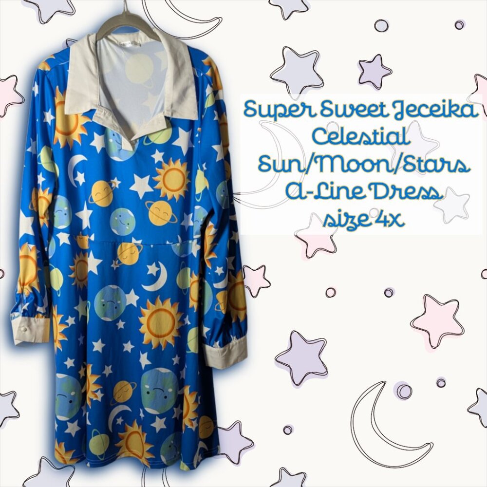 Jeceika 4XL Celestial Sun Moon Stars A-Line Dress, Long Sleeve, Adorable